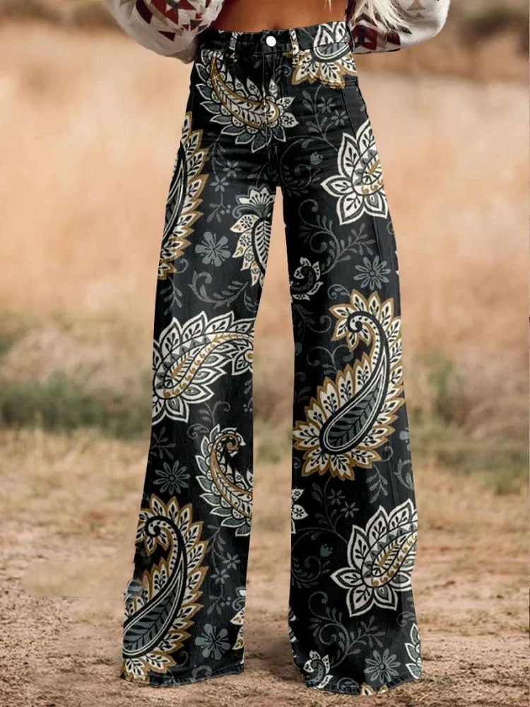 Women's Black Paisley Print Casual Wide Leg Pants