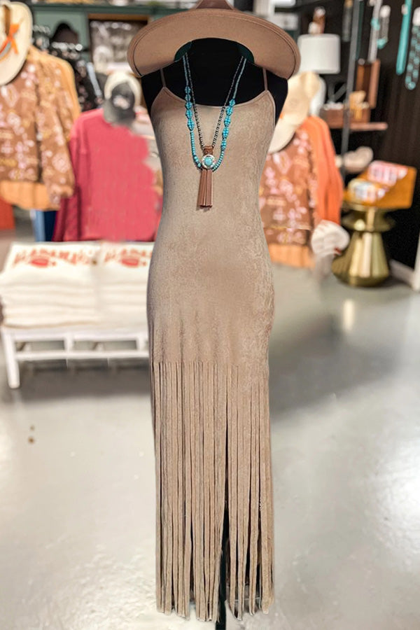 Vintage Suede Fringed Maxi Dress-0520