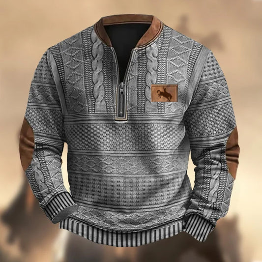 Men's Vintage Western Cowboy Riding Horse Rodeo Knit Print Zipper Stand Collar Casual Sweatshirt