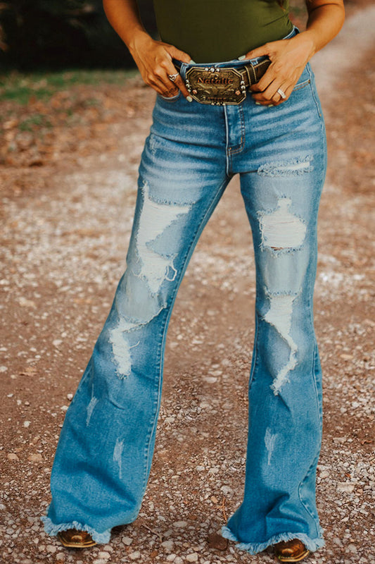 Wash High Rise Distressed Frayed Flare Jeans