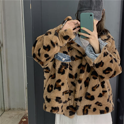 Leopard Print Thickened Denim Jacket Women's Retro Jacket Reversible