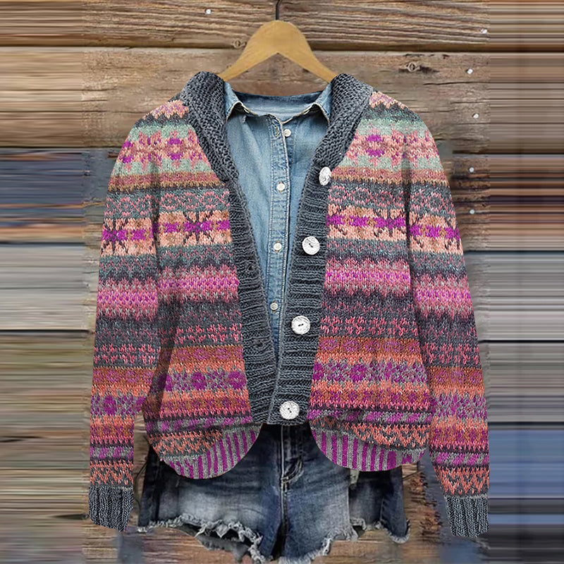 Vintage Knitted Snowflake Geometric Print Button Hooded Cardigan