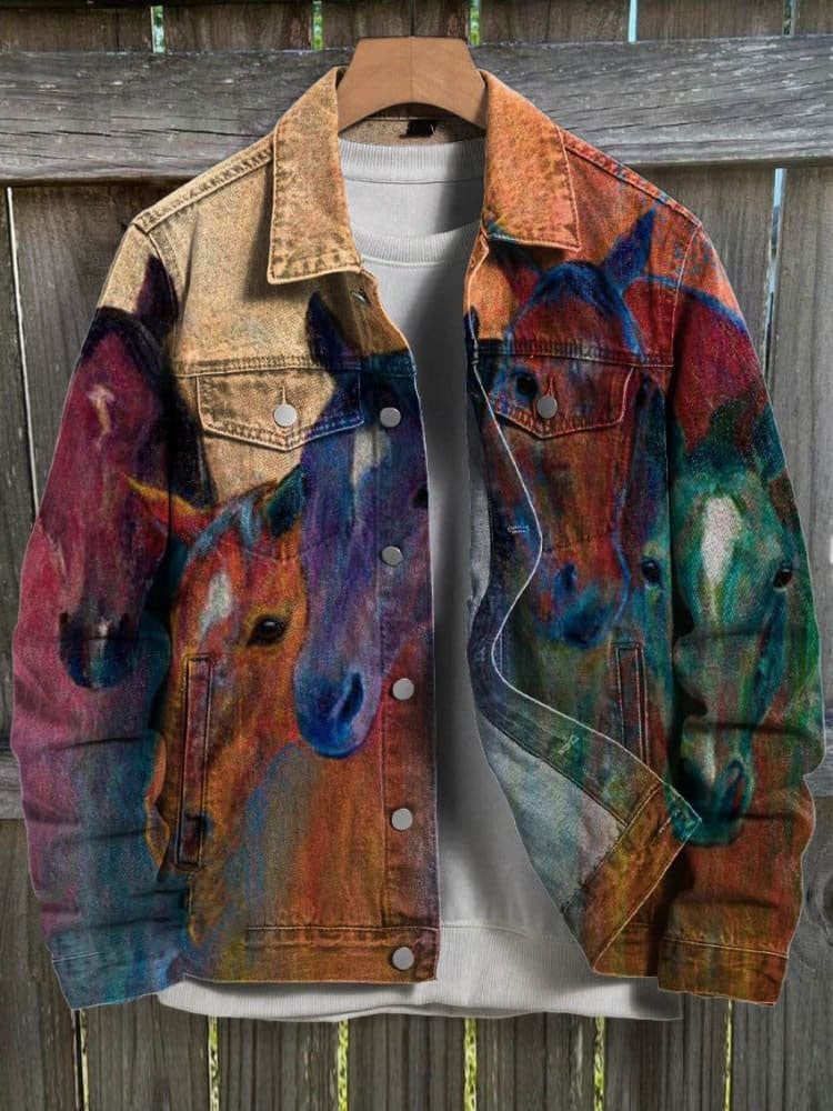 Retro Gradient Horse Art Print Casual Denim Jacket