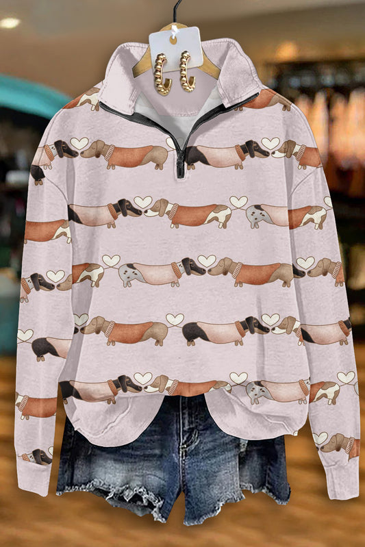 Cute Dachshund Print Zip-Up Sweatshirt