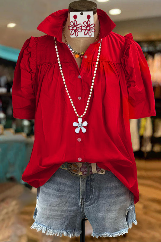 Passionate Solid Color Pleated Puff Sleeve Blouse