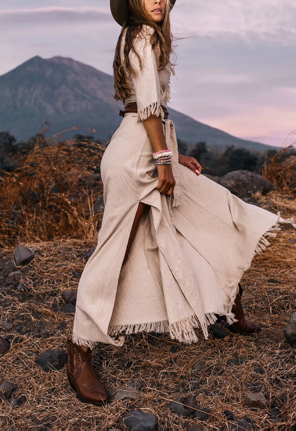 Women's Wrap Bohemian Dress ∆ White Maxi Dress 3/4 Sleeves ∆ Organic Clothing ∆ Wedding Bohemian Dress ∆ Long Fringe Raw Cotton Dress/Off White