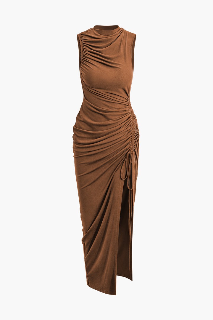 Ruched Drawstring Slit Sleeveless Maxi Dress