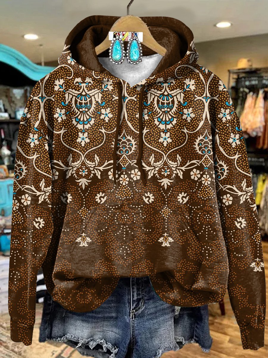 Vintage Brown Folk Floral Art Print Casual Hoodie Sweatshirt