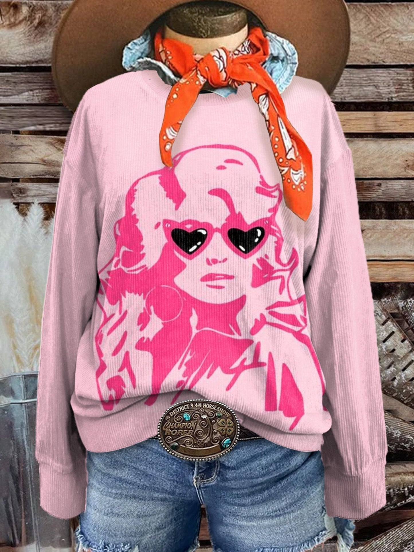 Women's Retro Pink Girl Print Casual Corduroy Sweatshirt