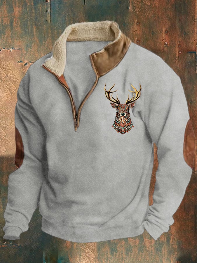 Men'S Retro Western Print Zipper Stand Collar Sweatshirt