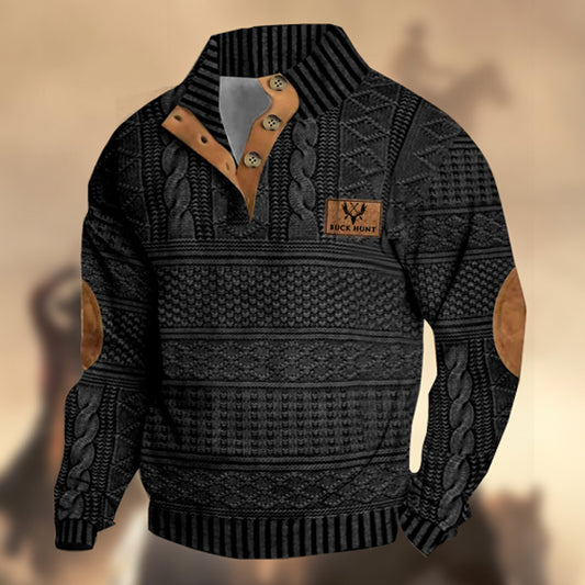 Men's Vintage Western Hunting Elk Knit Print Henley Stand Collar Casual Sweatshirt