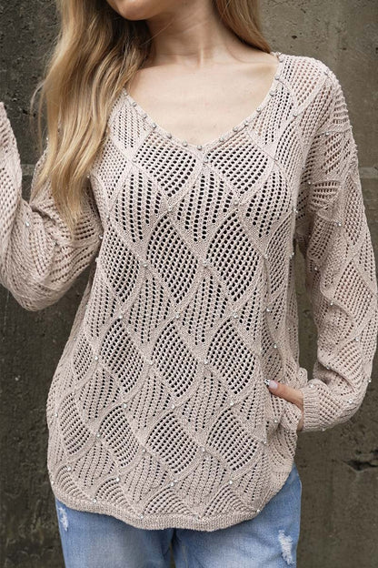 Women's Cutout Diamond V-Neck Long Sleeve Sweater