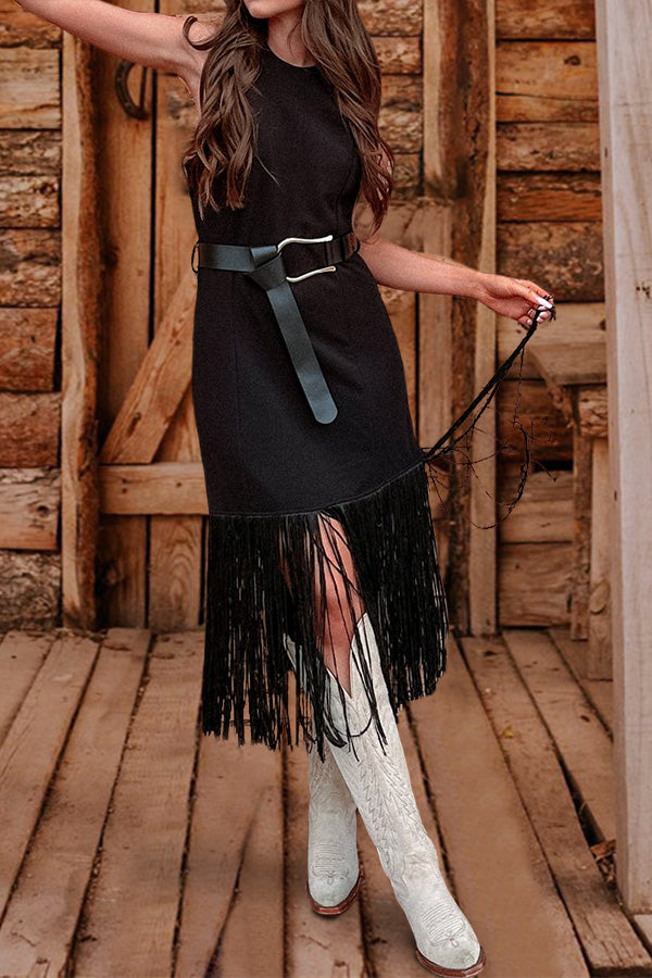 Classic Fringe Bottom Halter Midi Dress