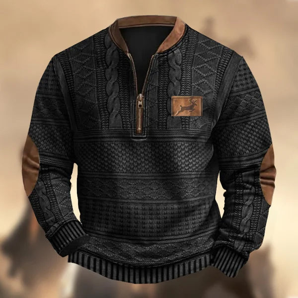 Men's Vintage Western Elk Hunting Knit Print Zipper Stand Collar Casual Sweatshirt