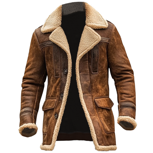 Men's Vintage Suede Patchwork Lamb Fleece Multi-Pocket Reverse Collar Outdoor Jacket Coat