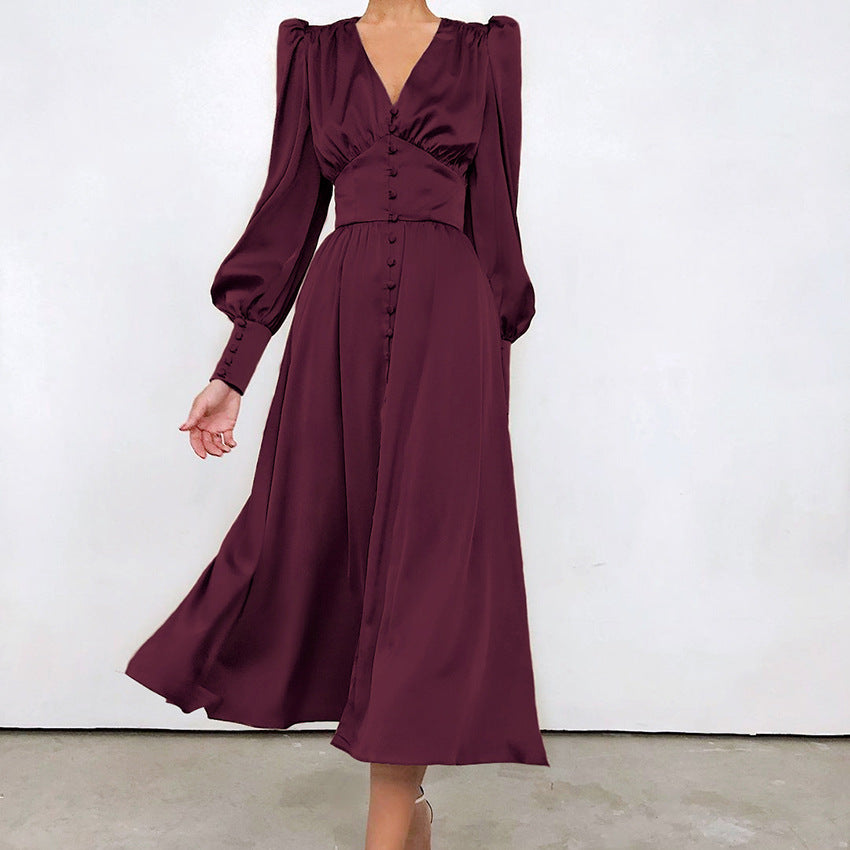 V-neck Satin Palace Waist Retro Long Dress