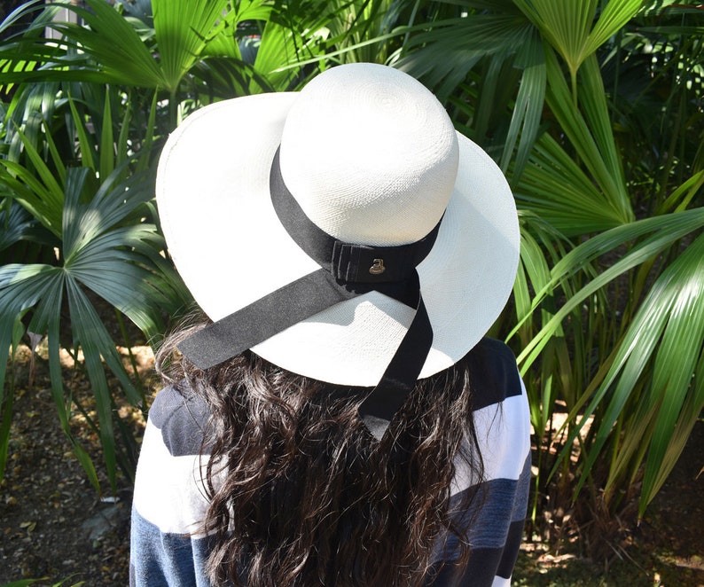 Classy Long Brim White | Black Band | Genuine Panama Hat | Toquilla Straw | Handwoven in Ecuador - EA - HatBox Included