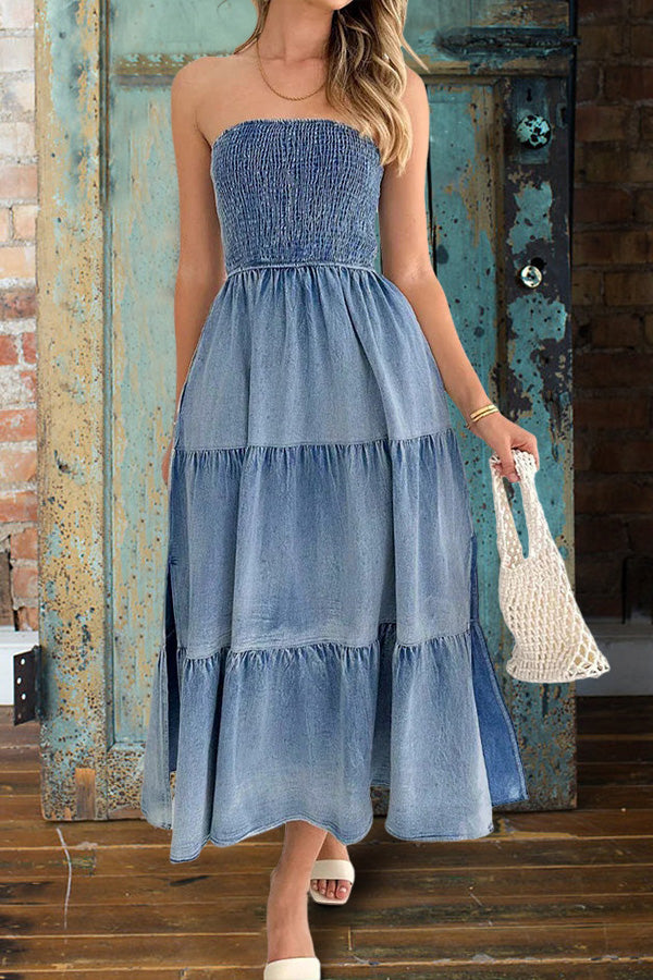 Smocked Bandeau Denim Maxi Dress