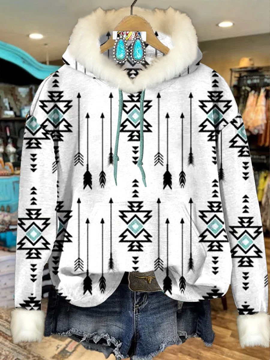 White Vintage Aztec Print Imitation Rabbit Fur Trim Casual Hoodie Sweatshirt