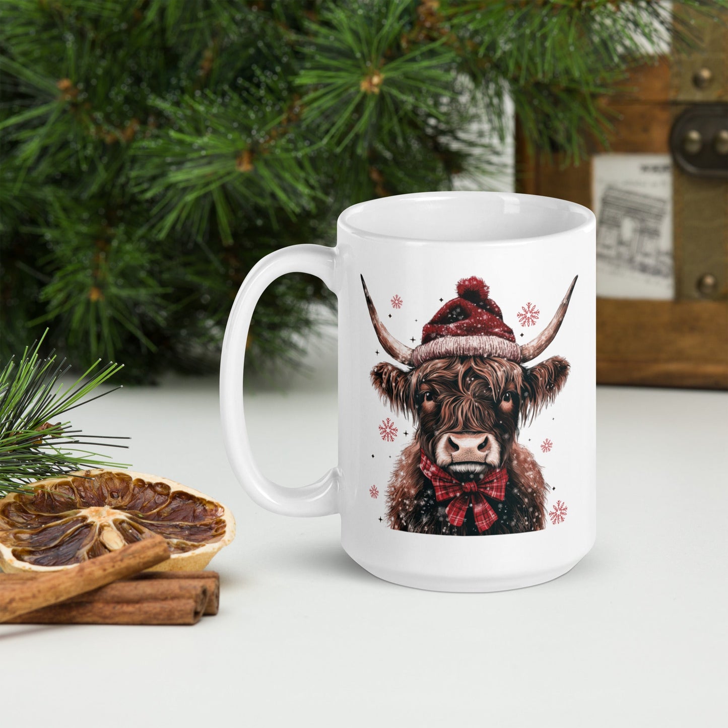 Merry Christmas Highland White Glossy Mug