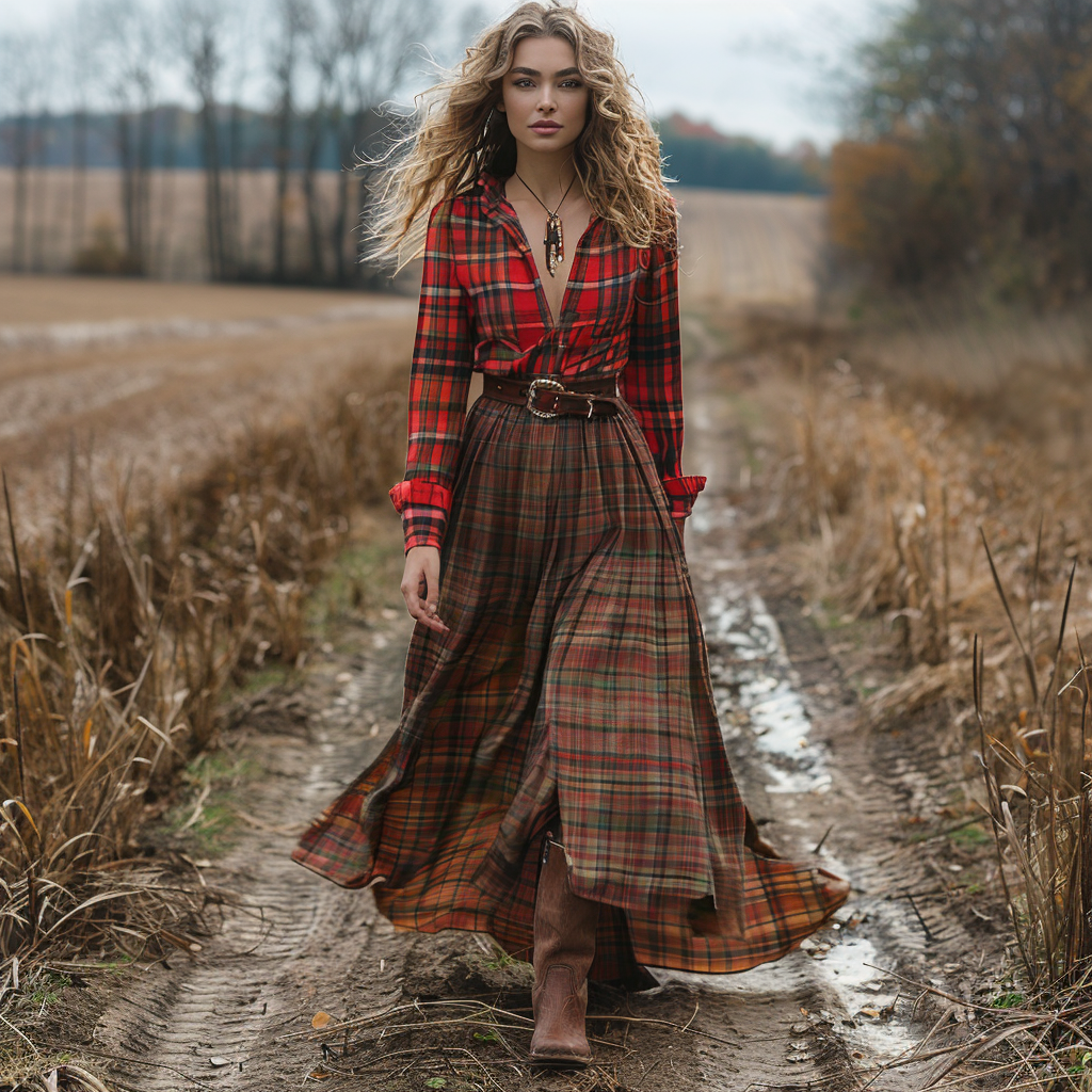 Retro V-neck Plaid Women's Long-sleeved Long Skirt Country Pastoral Retro Dress