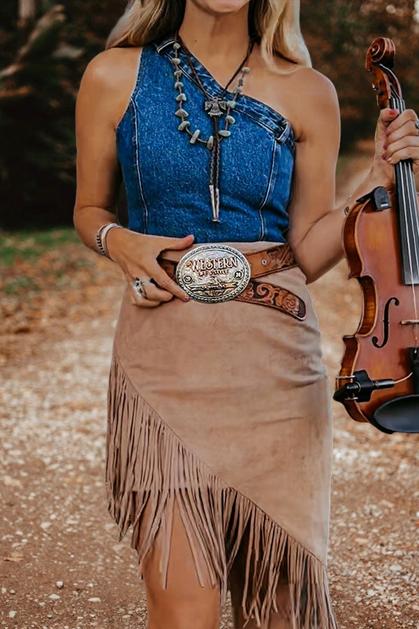 Vintage Fringe Hem Suede Skirt