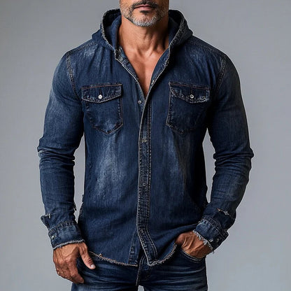 Men's Vintage Distressed Denim Pocket Long Sleeve Hooded Shirt