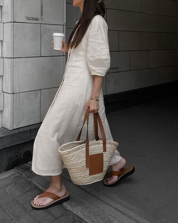 Cotton and Linen V Neck Puff Sleeve Backless Dress