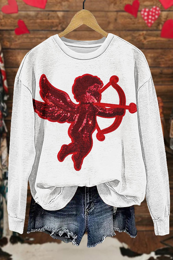 Shiny Valentine's Day Cupid Print Sweatshirt