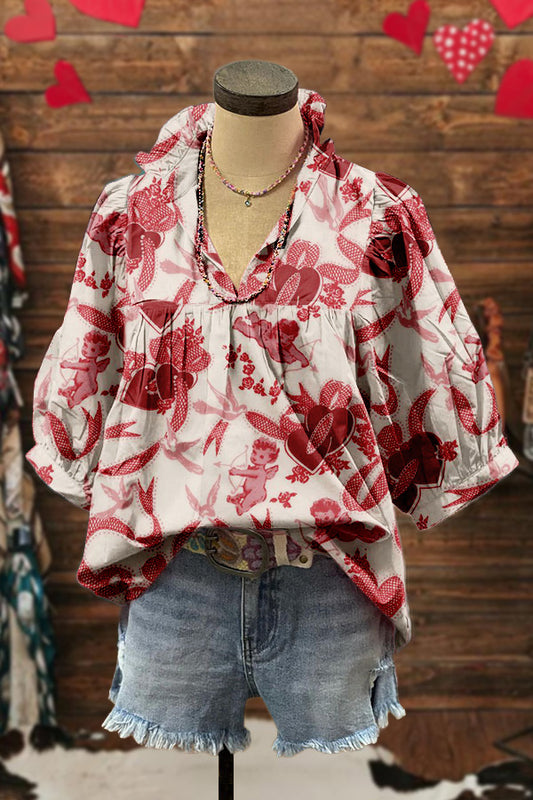 Valentine's Day Print Puff Sleeve Blouse