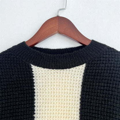 Loose Large Size Vertical Striped Contrast Color Round Neck Long Sleeve Knitted Sweater For Women