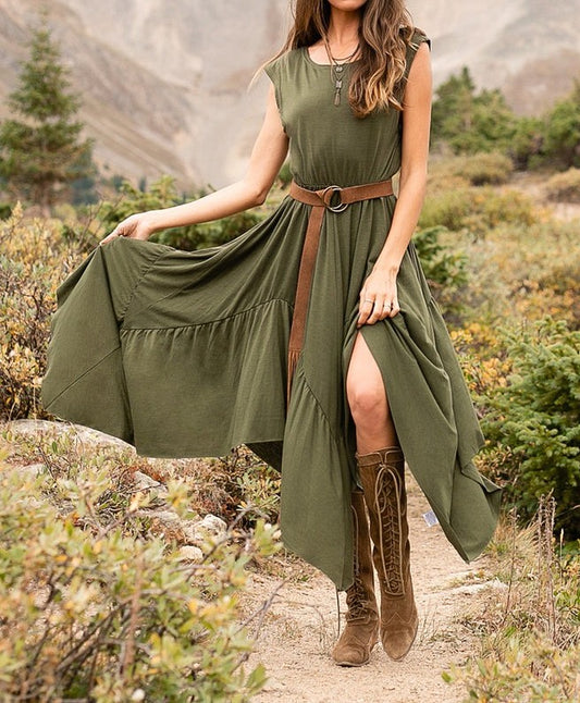 Green Cotton Linen Strapless Irregular Dress