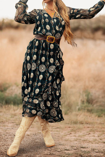 Retro Turquoise Print Long Sleeve Dress