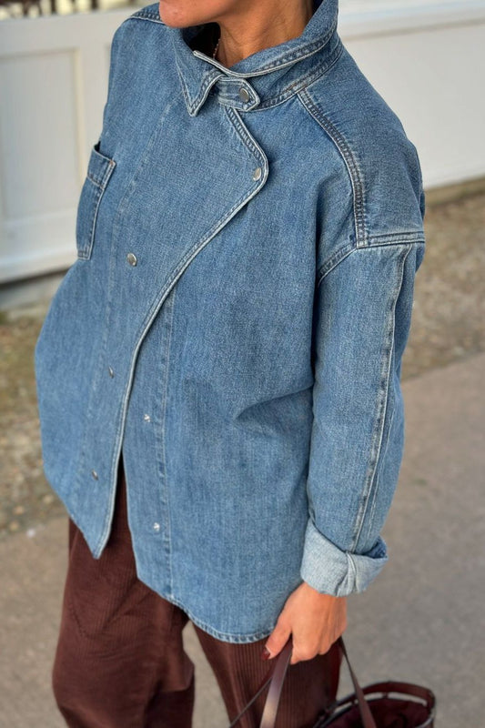 Women's High Collar Asymmetric Placket Denim Jacket