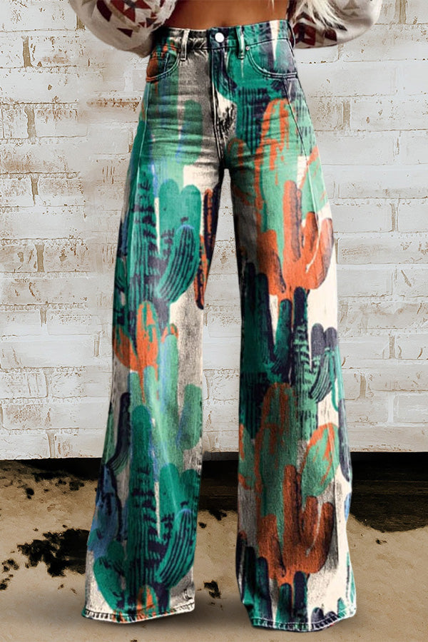 Cactus Print Casual Wide Leg Pants