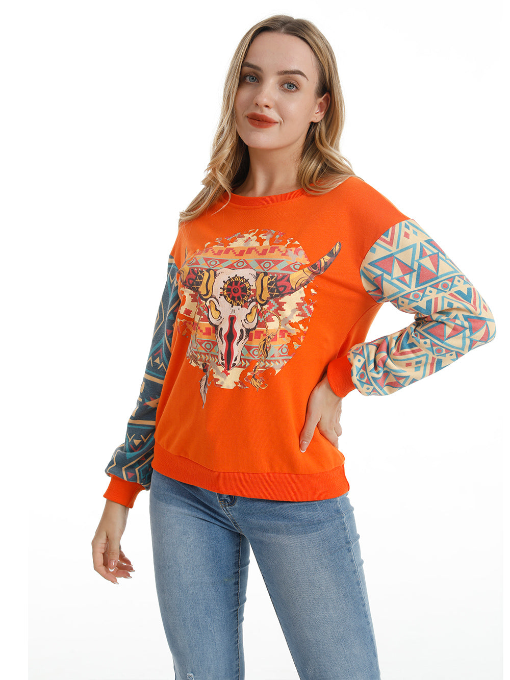 American Bling Women Vintage Bull Skull Aztec Style Sweatshirt