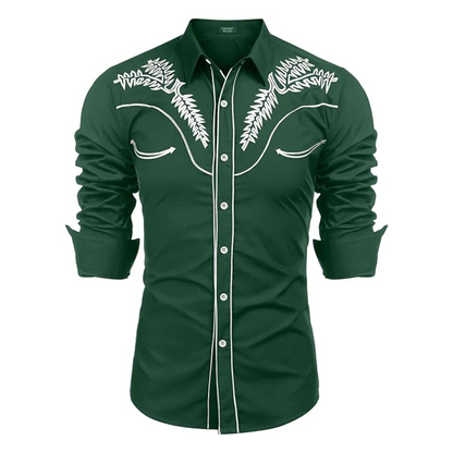 Men's Western Shirts Long Sleeve Slim Fit Embroideres Shirt-Green