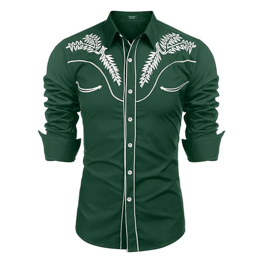 Men's Western Shirts Long Sleeve Slim Fit Embroideres Shirt-Green