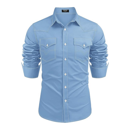 Men's Western Cowboy Shirts Long Sleeve Cotton Casual Shirt-Blue