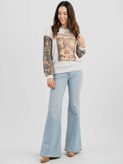 Women's Studded "101 Ranch Wild West" Graphic Print Distressed Long Sleeve Sweatshirt