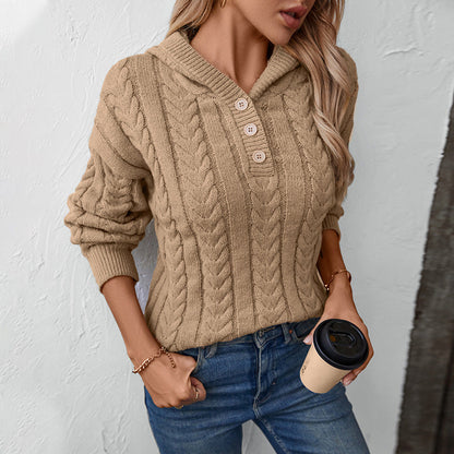 Chloe Cable-Knit Button-Up Hoodie Sweater