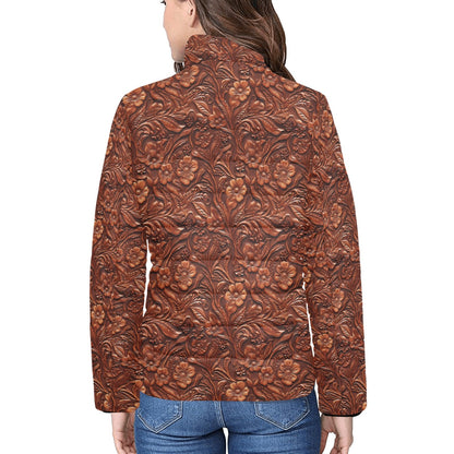 Tooled Leather Print Puffy Bomber Jacket