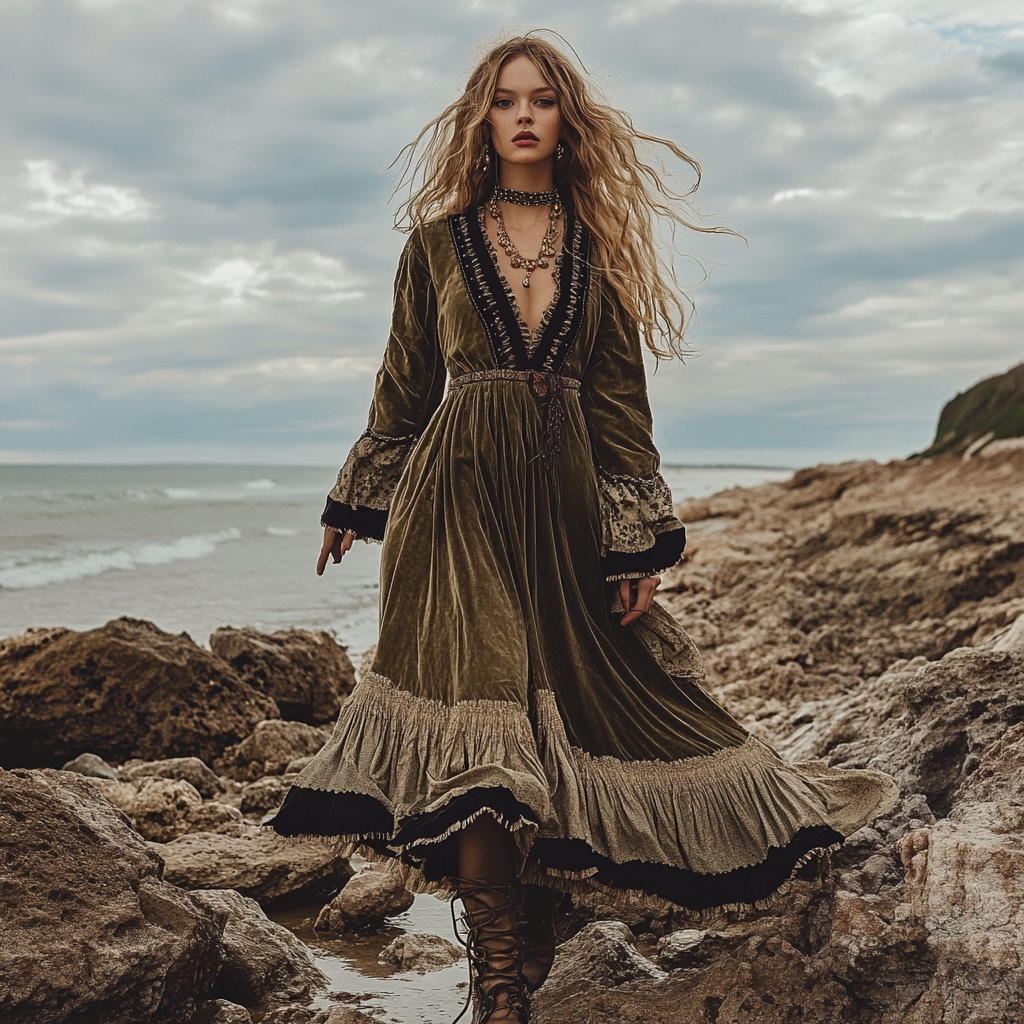 Breezy Bohemian Beach Vacation Autumn And Winter Velvet Ethnic Style Fluttering Dress