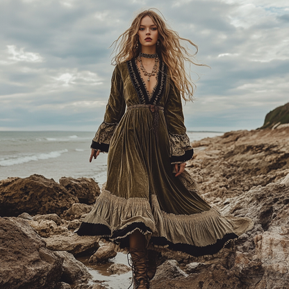 Breezy Bohemian Beach Vacation Autumn And Winter Velvet Ethnic Style Fluttering Dress