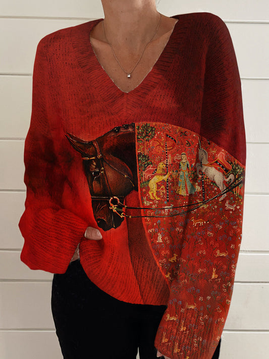 Horse Art Print V-Neck Sweater