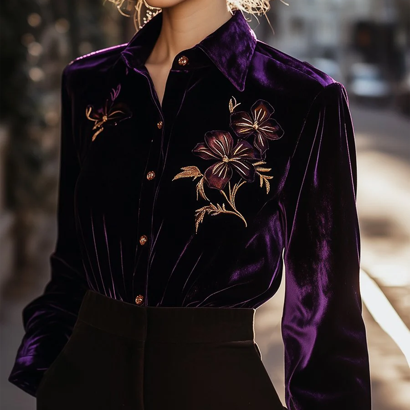 Women's Elegant Velvet Blouse With Purple Floral Embroidery And Button-Down Front