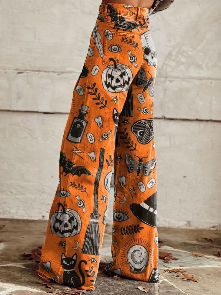 Women's Vintage Halloween Pumpkin and Cat Art Print Casual Wide Leg Pants