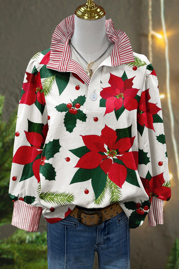 Sweet Christmas Floral Print Puff Sleeve Blouse