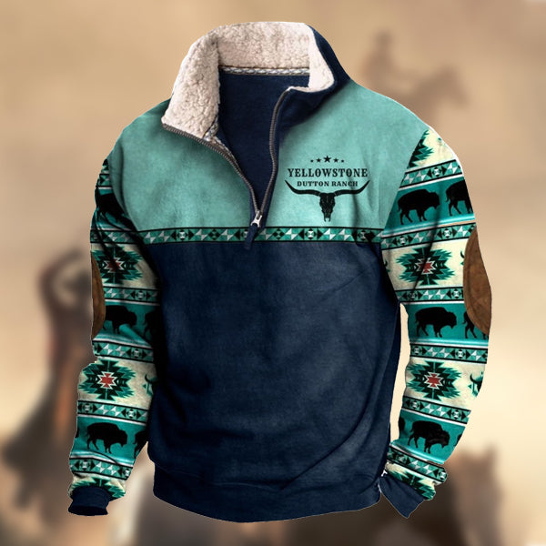 Men's Vintage Yellowstone Fleece Sweatshirt  Elbow Patch Western Zipper Fur Collar Casual Top