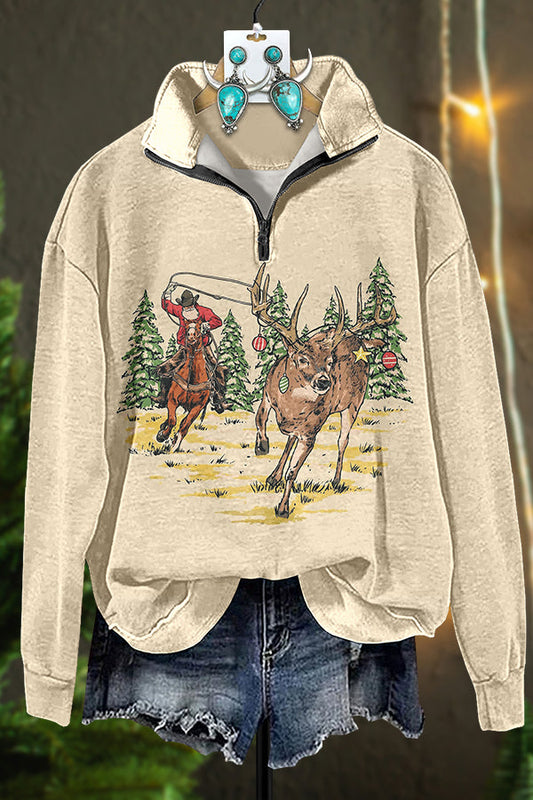 Western Cowboy Elk Zipper Sweatshirt